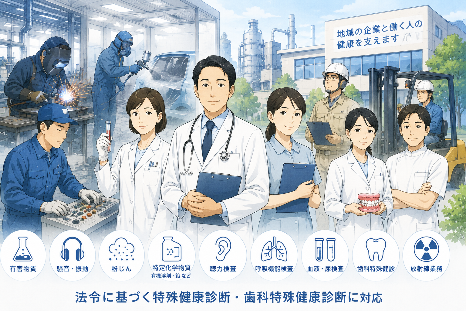 工場で作業する従業員と、健康診断を担当する医師・歯科医師・医療スタッフを描いたイラスト