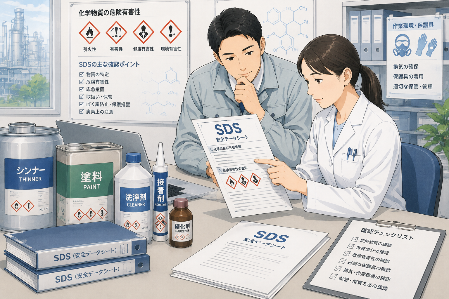 塗料缶や洗浄剤の容器とSDS書類を確認する医療スタッフのイラスト