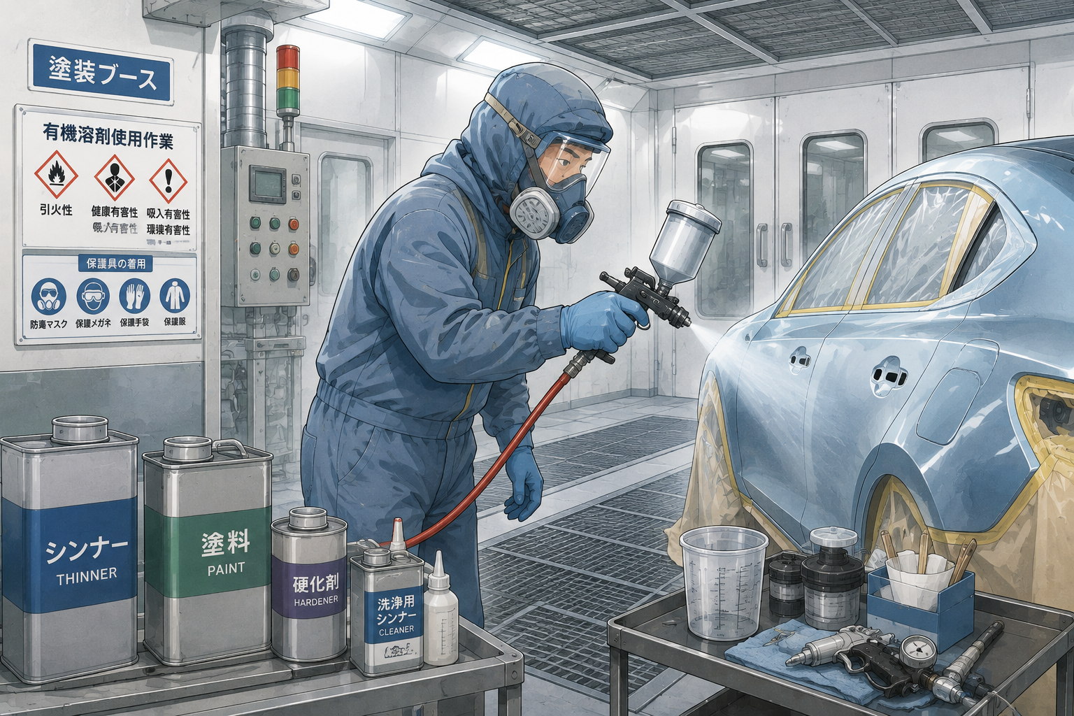 塗装ブースで防護具を装着し、スプレーガンで自動車を塗装する作業員のイラスト