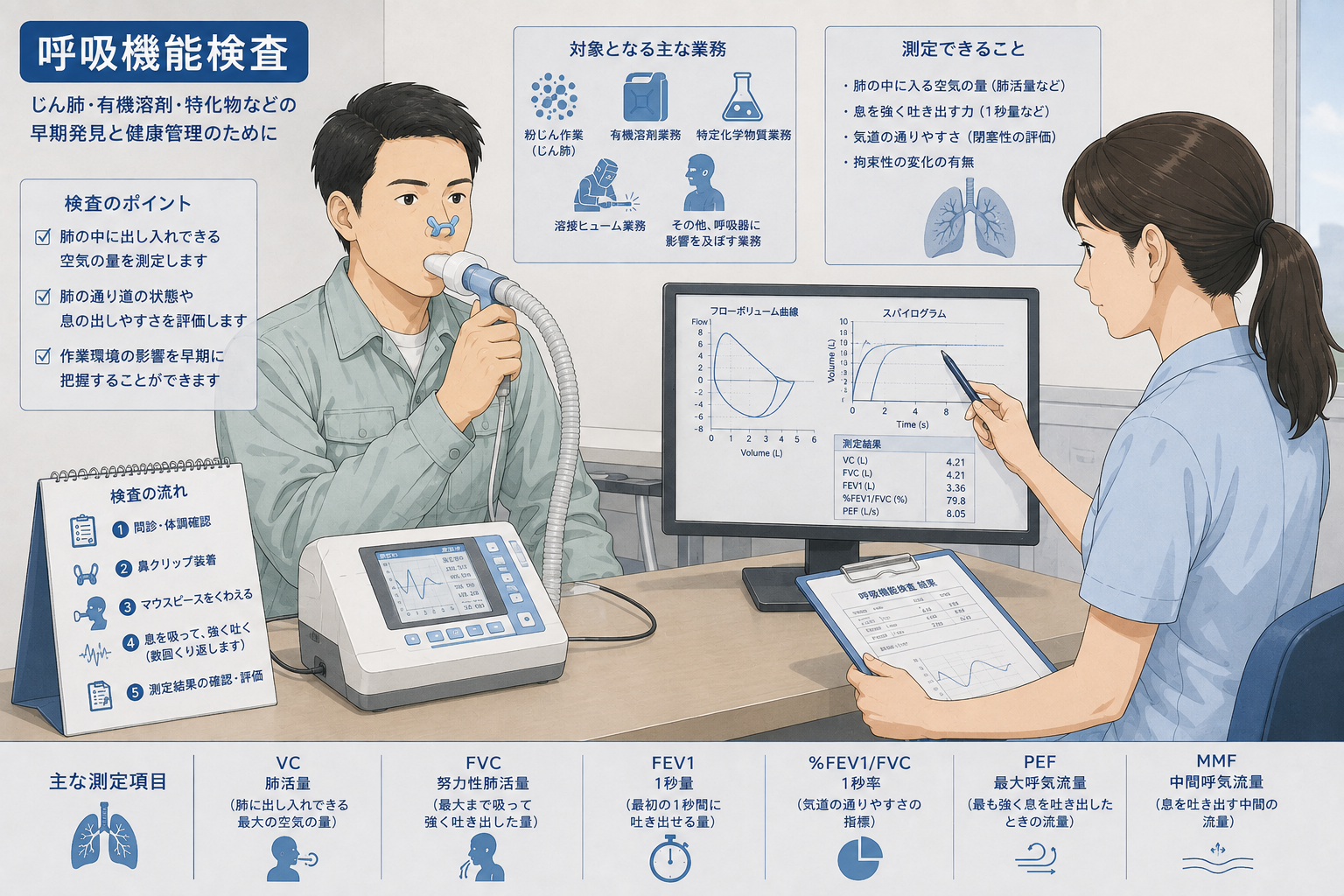 スパイロメータのマウスピースをくわえて呼吸機能検査を受ける人物と、測定値を確認する医療スタッフのイラスト