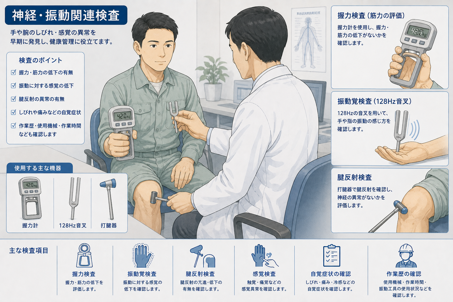 握力計、128Hz音叉、打腱器を配置した神経・振動関連検査のイラスト
