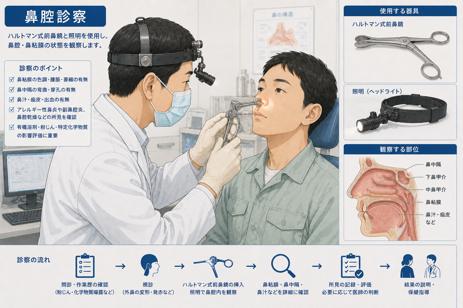 医師がペンライトと前鼻鏡を用いて患者の鼻腔前方を診察しているイラスト