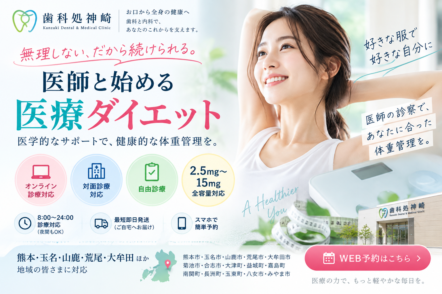 歯科処神崎の医療ダイエット案内ビジュアル。医師による体重管理、オンライン診療・対面診療対応、自由診療、2.5mg〜15mg対応、熊本・玉名・山鹿・荒尾・大牟田などの地域対応を紹介するアイキャッチ画像。