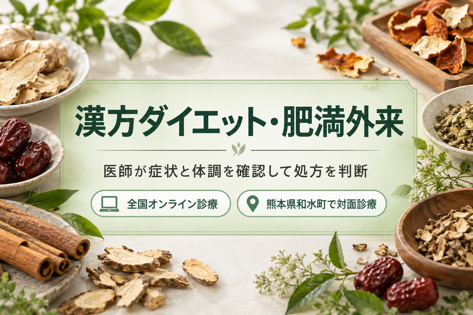 生薬を背景にした漢方ダイエット・肥満外来の案内画像。全国オンライン診療と熊本県和水町での対面診療に対応
