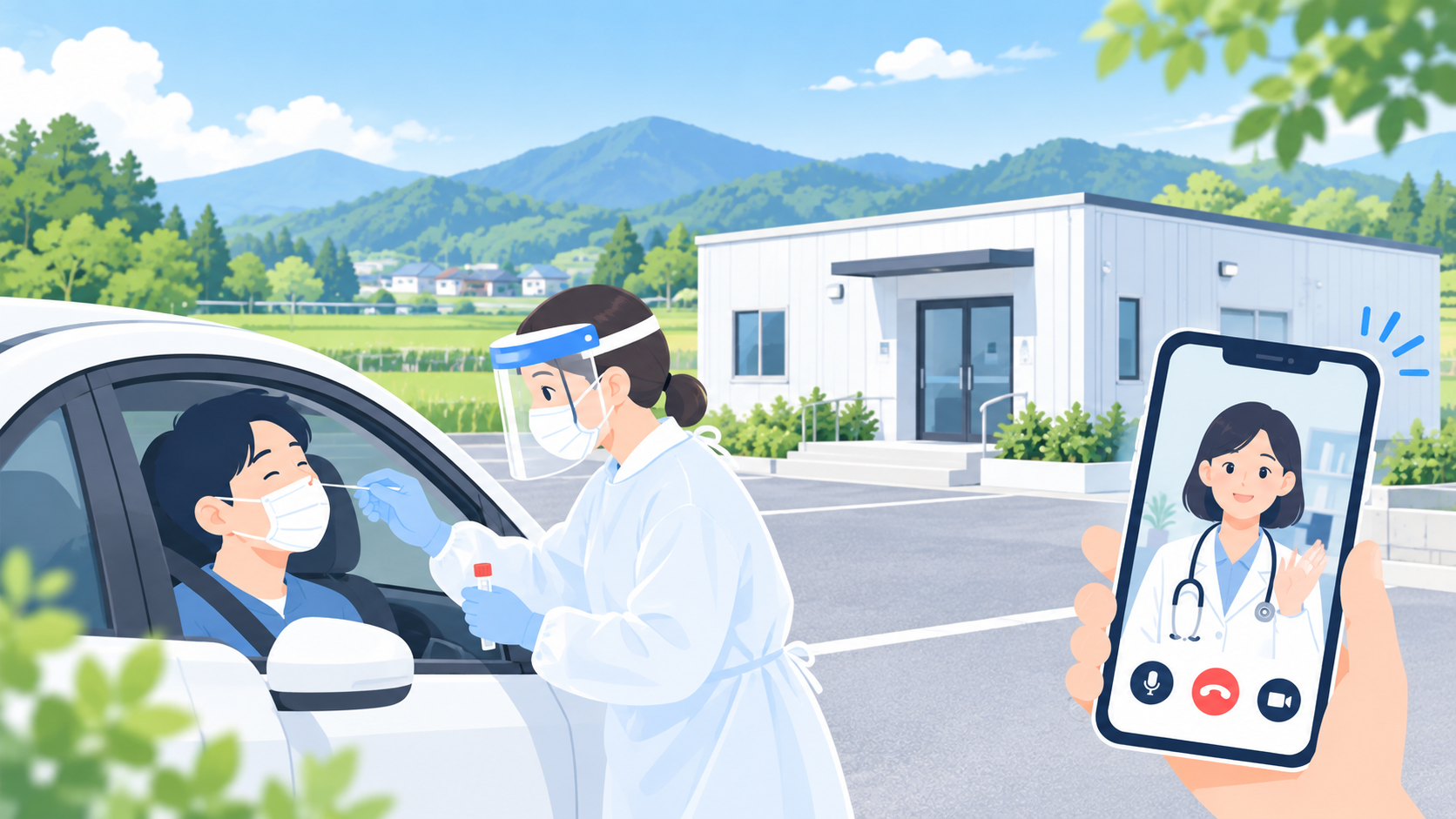 車に乗ったまま鼻腔ぬぐい検査を受ける患者と、防護服姿の医療スタッフ、オンライン診療中の医師が表示されたスマートフォンを描いた、地方のクリニック向けイラスト